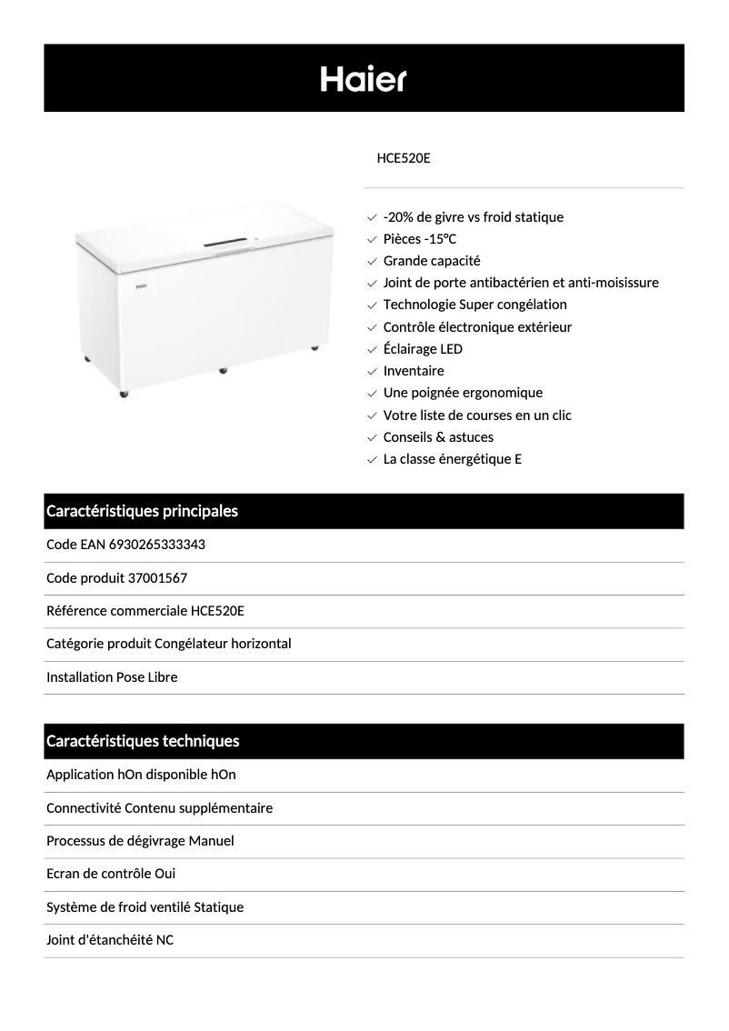 Page 1 de la notice Fiche technique Haier HCE520E