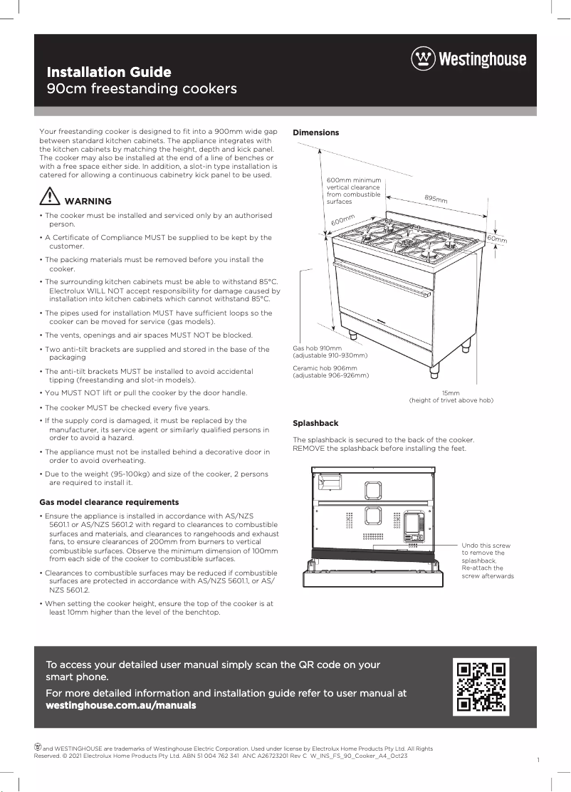 Page 1 de la notice Guide d'installation Westinghouse WFE9515SD