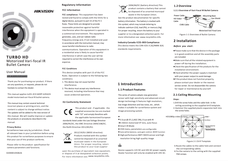 Page 1 de la notice Manuel utilisateur Hikvision DS-2CE16D9T-AIRAZH