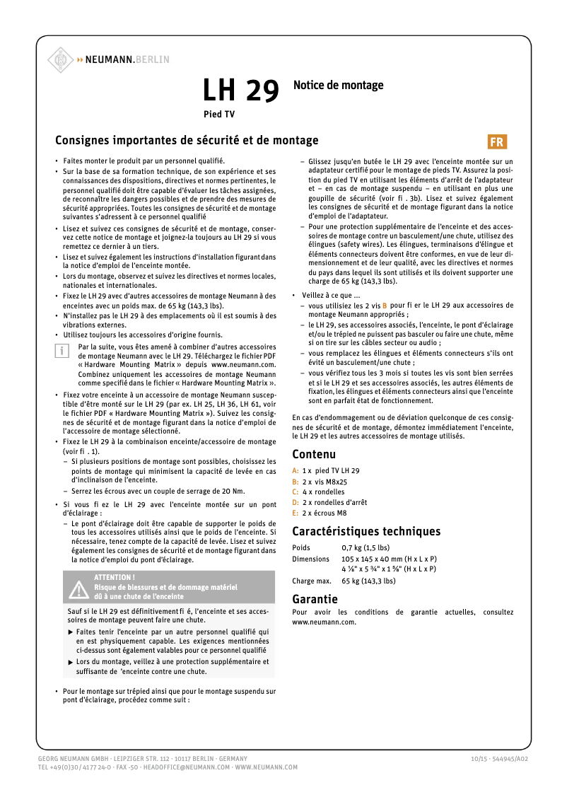 Page 1 de la notice Guide de démarrage rapide Neumann LH 29