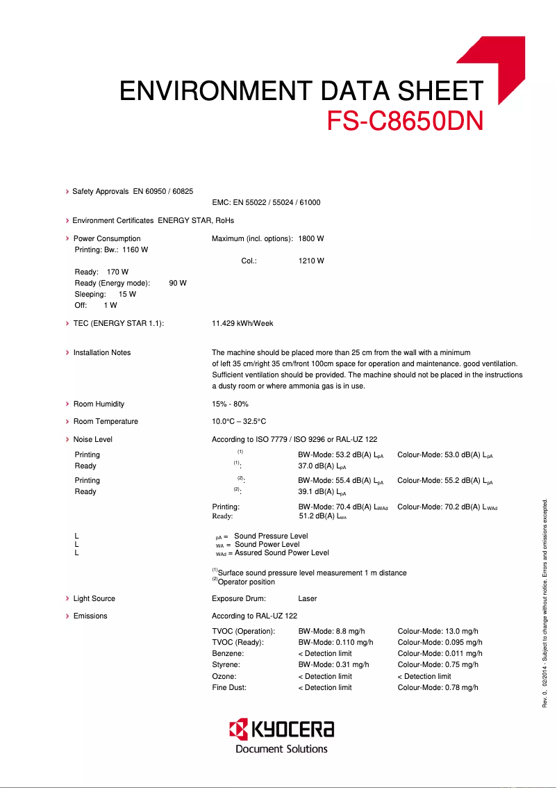 Page 1 de la notice Fiche technique Kyocera FS-C8650DN