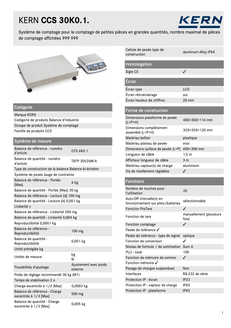 Page 1 de la notice Fiche technique Kern CCS 30K0.1