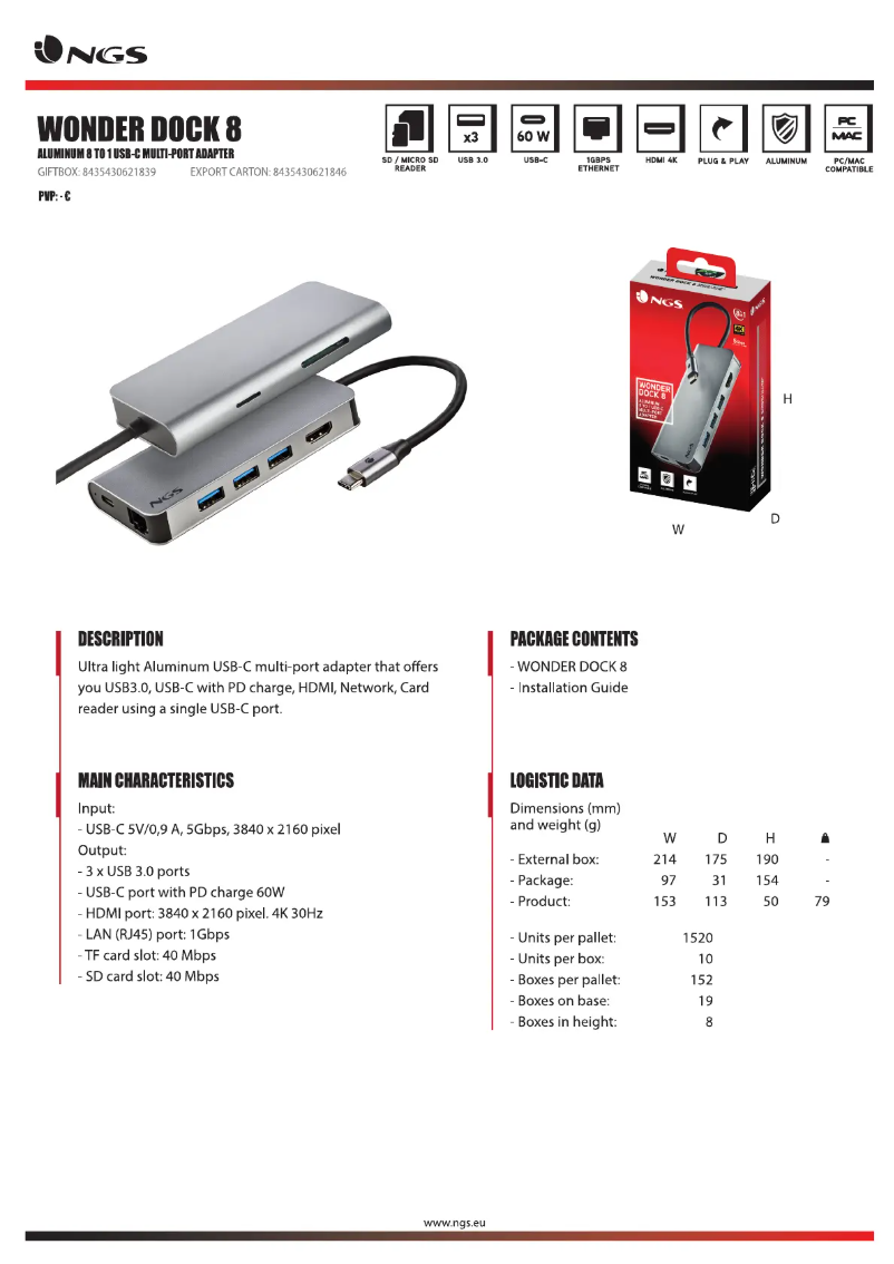 Page 1 de la notice Fiche technique NGS Wonder DOCK 8