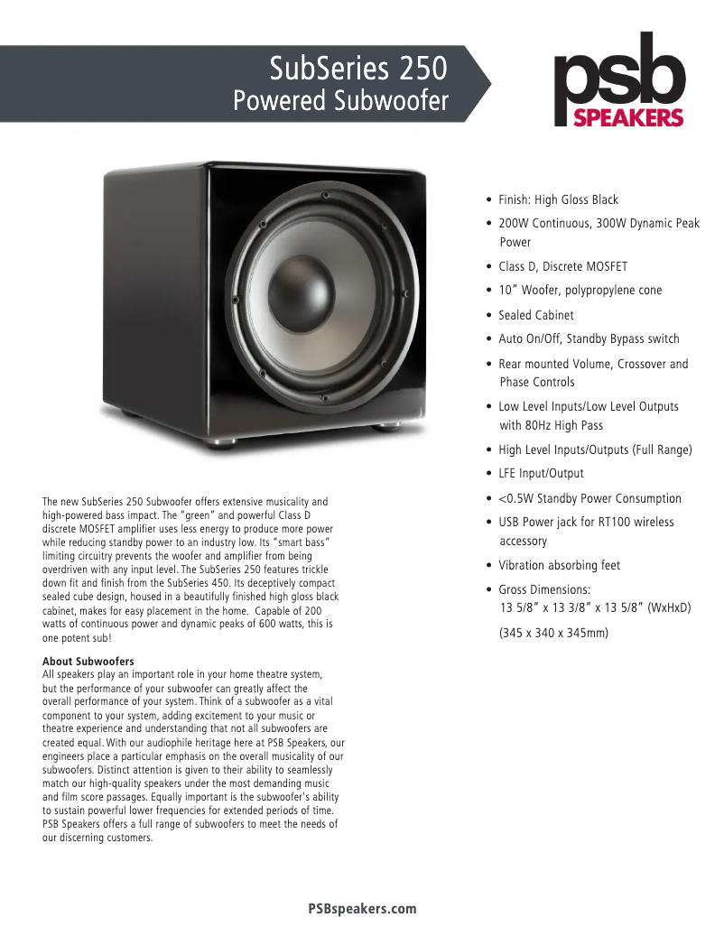 Página 1 del manual Ficha técnica PSB SubSeries 250