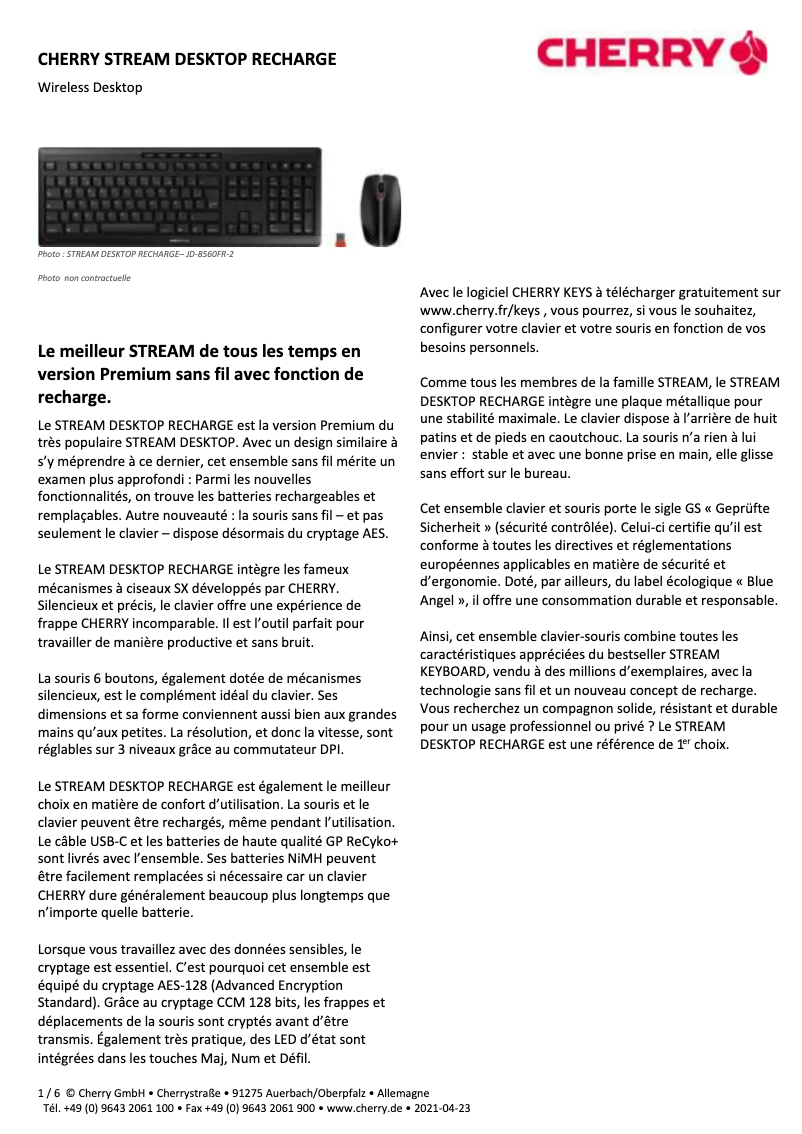 Page 1 de la notice Manuel utilisateur Cherry Stream Desktop Recharge