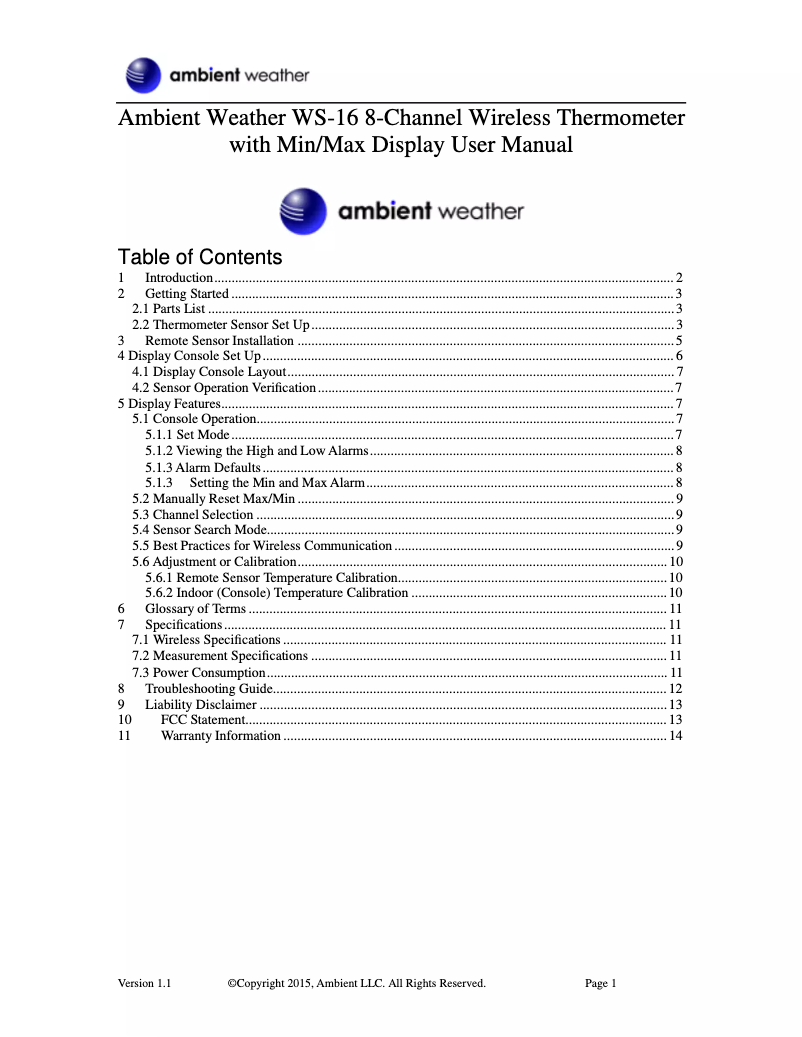 Page 1 de la notice Manuel utilisateur Ambient Weather WS-16