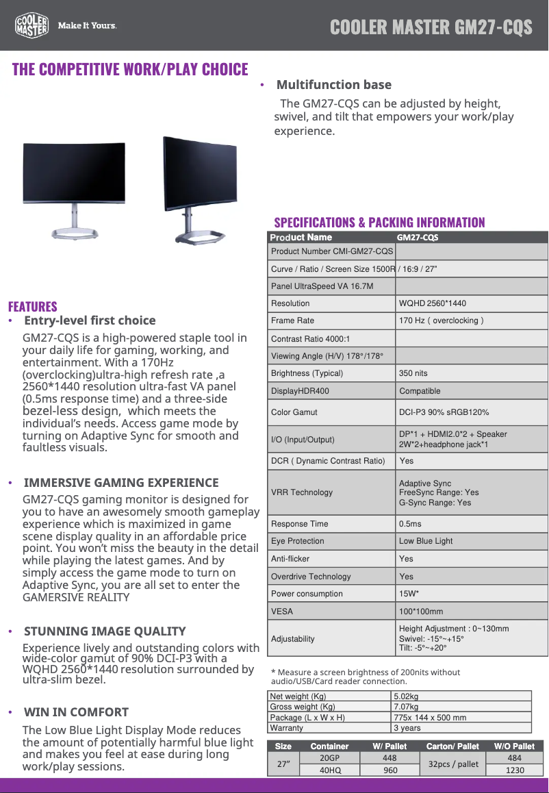 Page n°1 - Fiche technique Cooler Master GM27-CQS