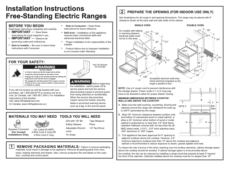 Page n°1 - Guide d'installation GE JB860DJBB