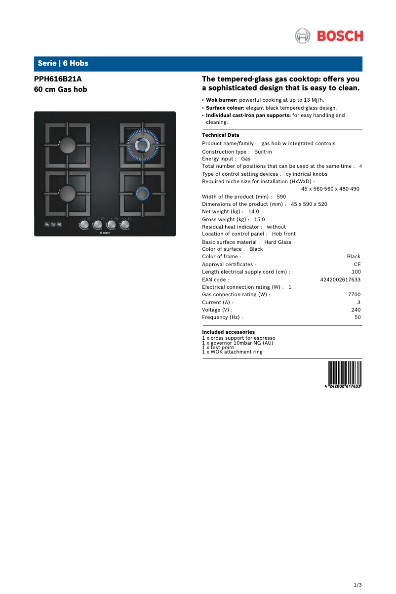 Page 1 de la notice Fiche technique Bosch PPH616B21A