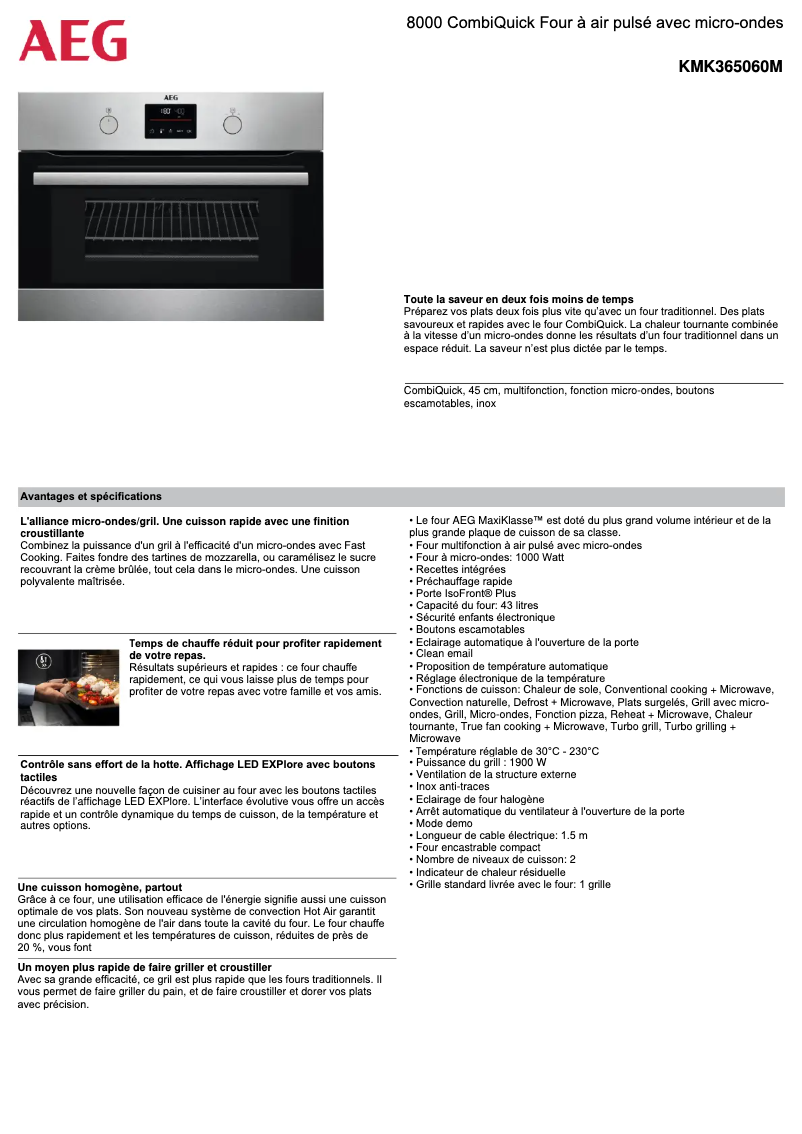 Page 1 de la notice Fiche technique AEG KMK365060M