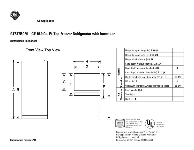 Page n°1 - Fiche technique GE GTS17BCMLAA