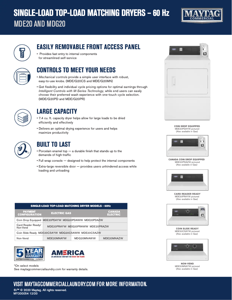 Page 1 de la notice Fiche technique Maytag MDE20MNBYW