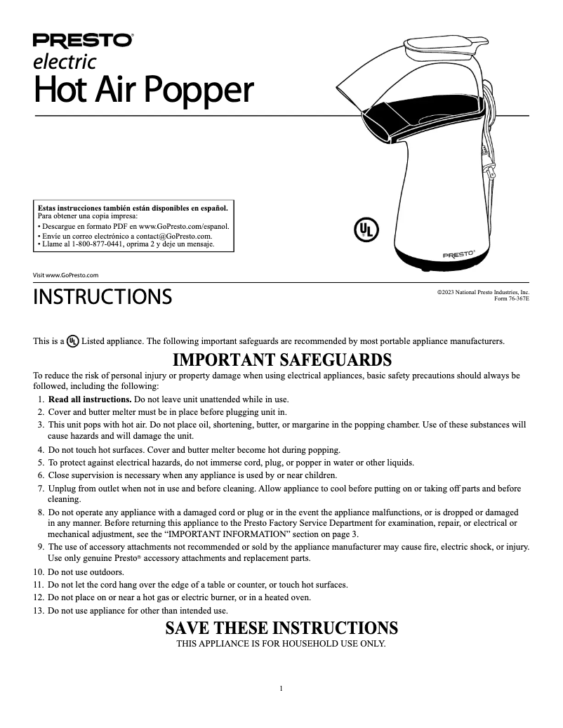 Image de la première page du manuel de l'appareil PopLite 04869