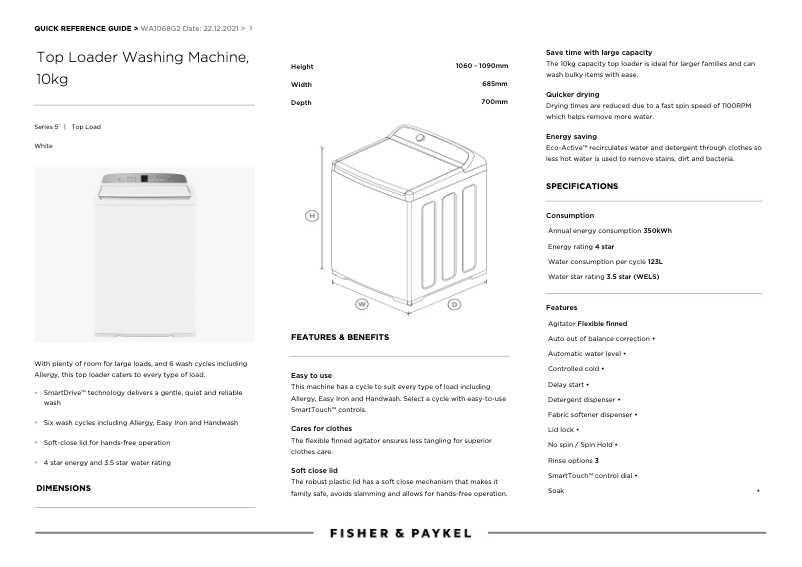 Page n°1 - Manuel utilisateur Fisher & Paykel WA1068G2