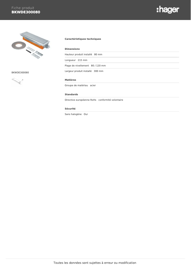 Page n°1 - Fiche technique Hager BKWDE300080