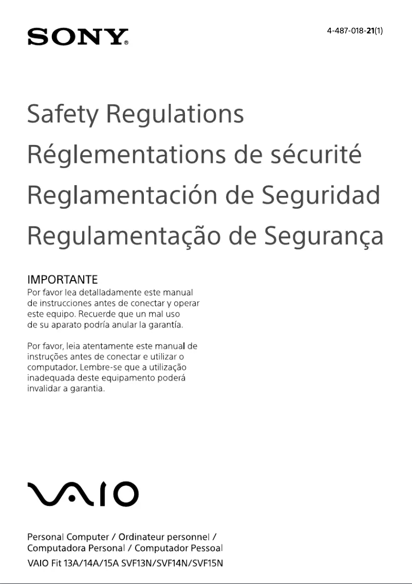 Page n°1 - Instructions de sécurité Sony Vaio Fit 13 SVF13N190X