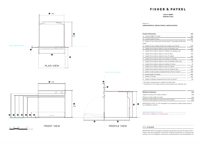 Page 1 de la notice Fiche technique Fisher & Paykel OB60SC7CEPX2