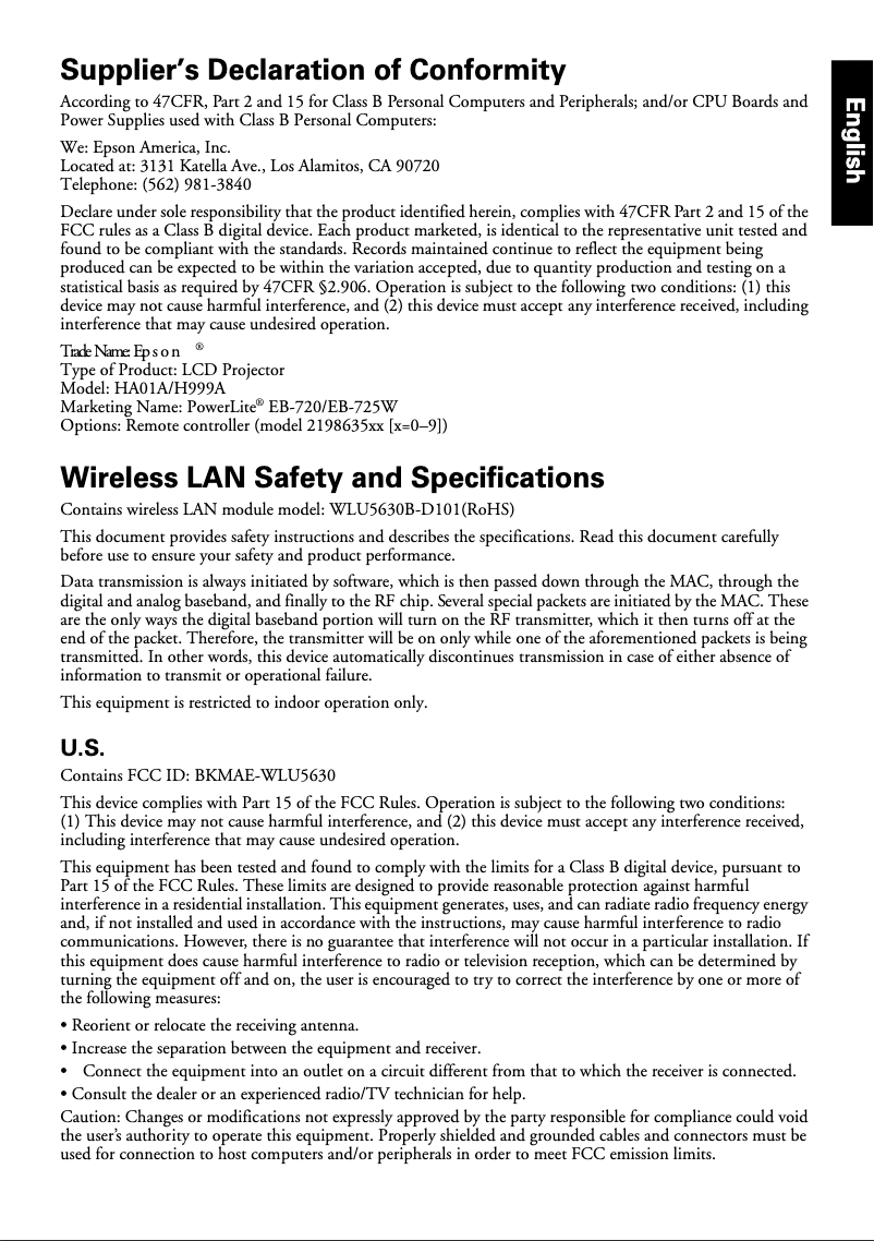 Page 1 de la notice Informations de garantie Epson PowerLite EB-720