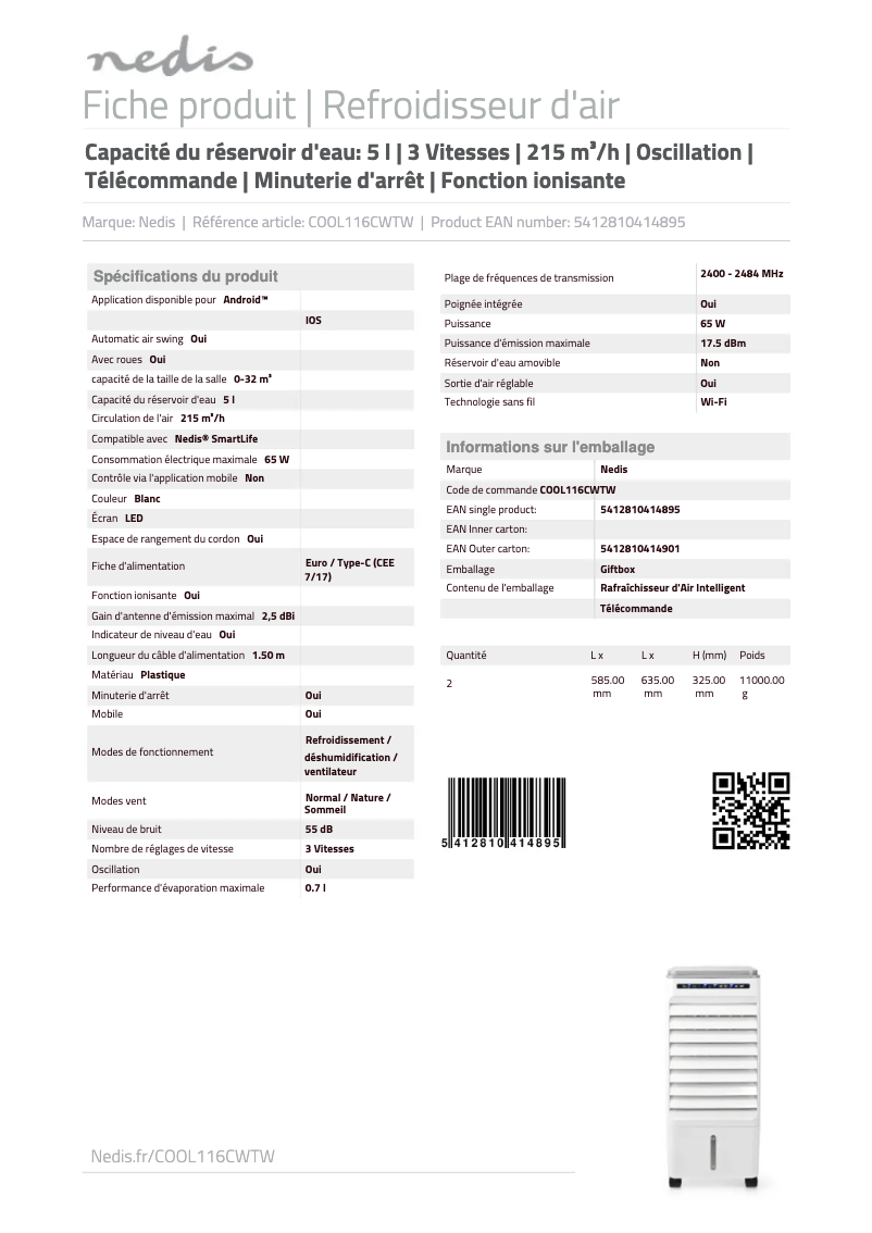 Page 1 de la notice Fiche technique Nedis COOL116CWTW