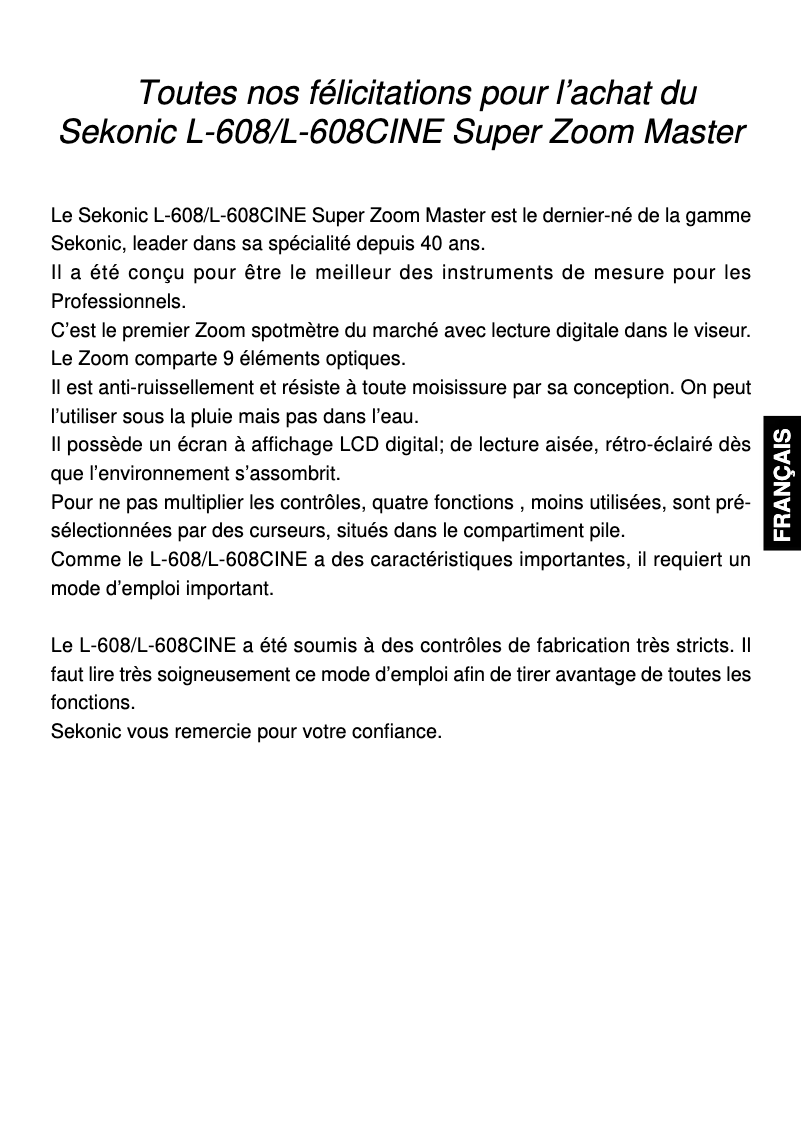Page 1 de la notice Manuel utilisateur Sekonic Super Zoom Master L-608CINE