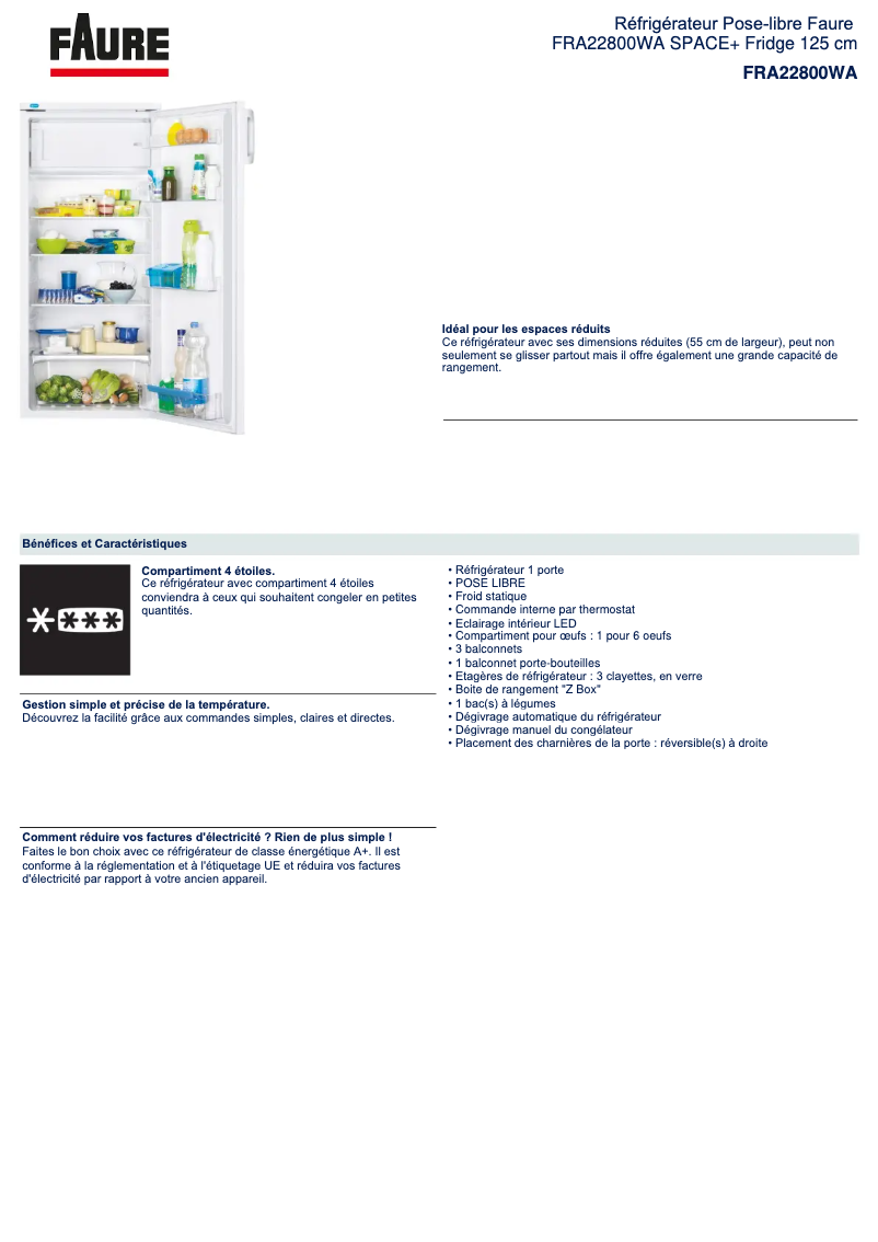 Page 1 de la notice Fiche technique Faure FRA22800WA