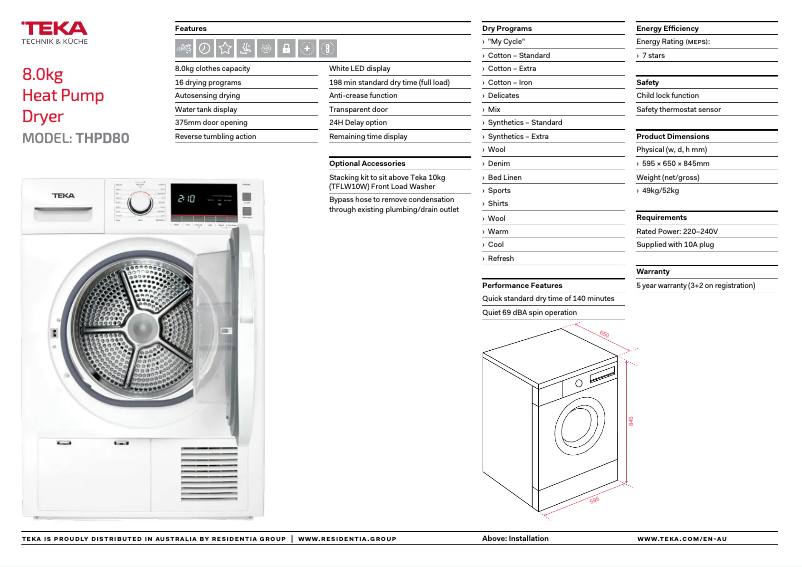 Page 1 de la notice Fiche technique Teka THPD80