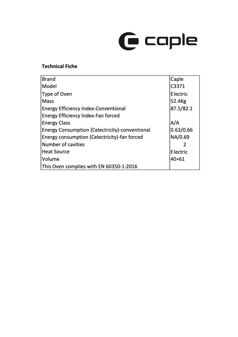 Page n°1 - Fiche technique Caple C3371BG