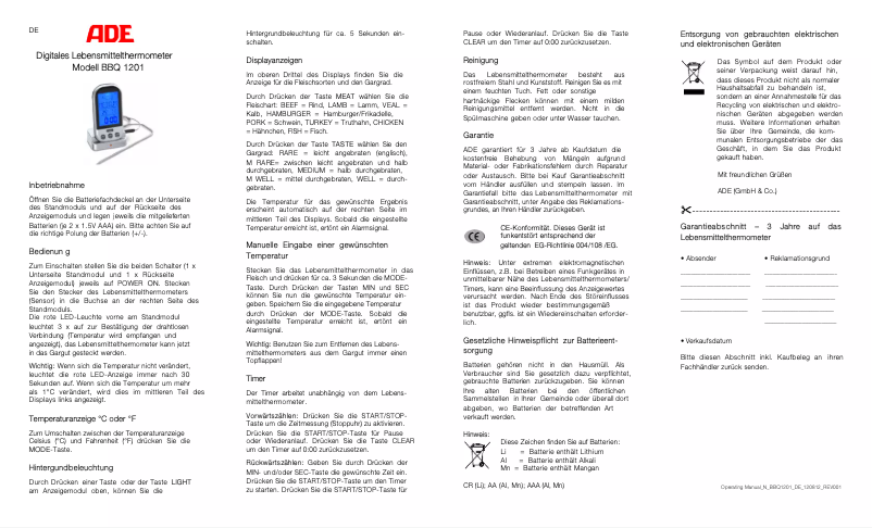 Image de la première page du manuel de l'appareil BBQ 1201