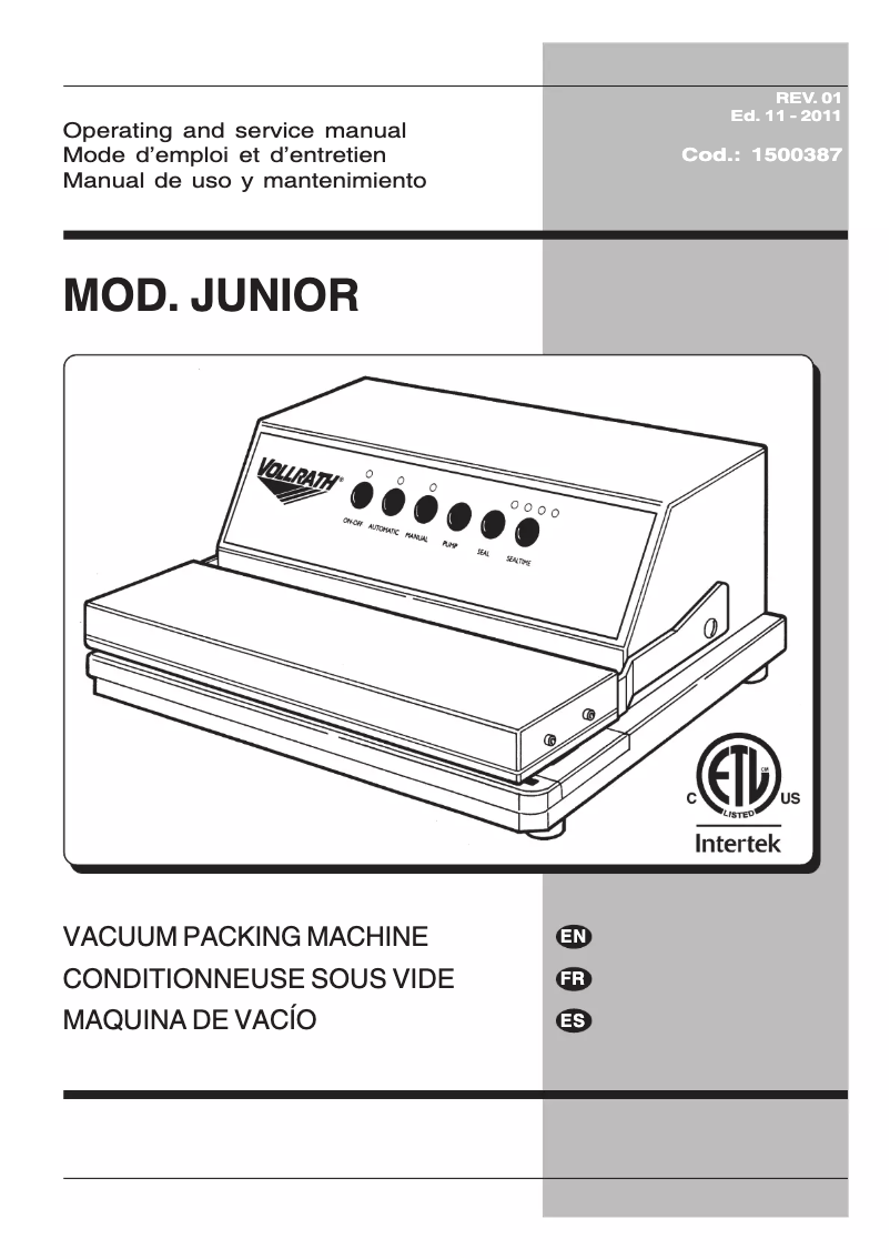 Page 1 of the manual User Manual Vollrath 40858