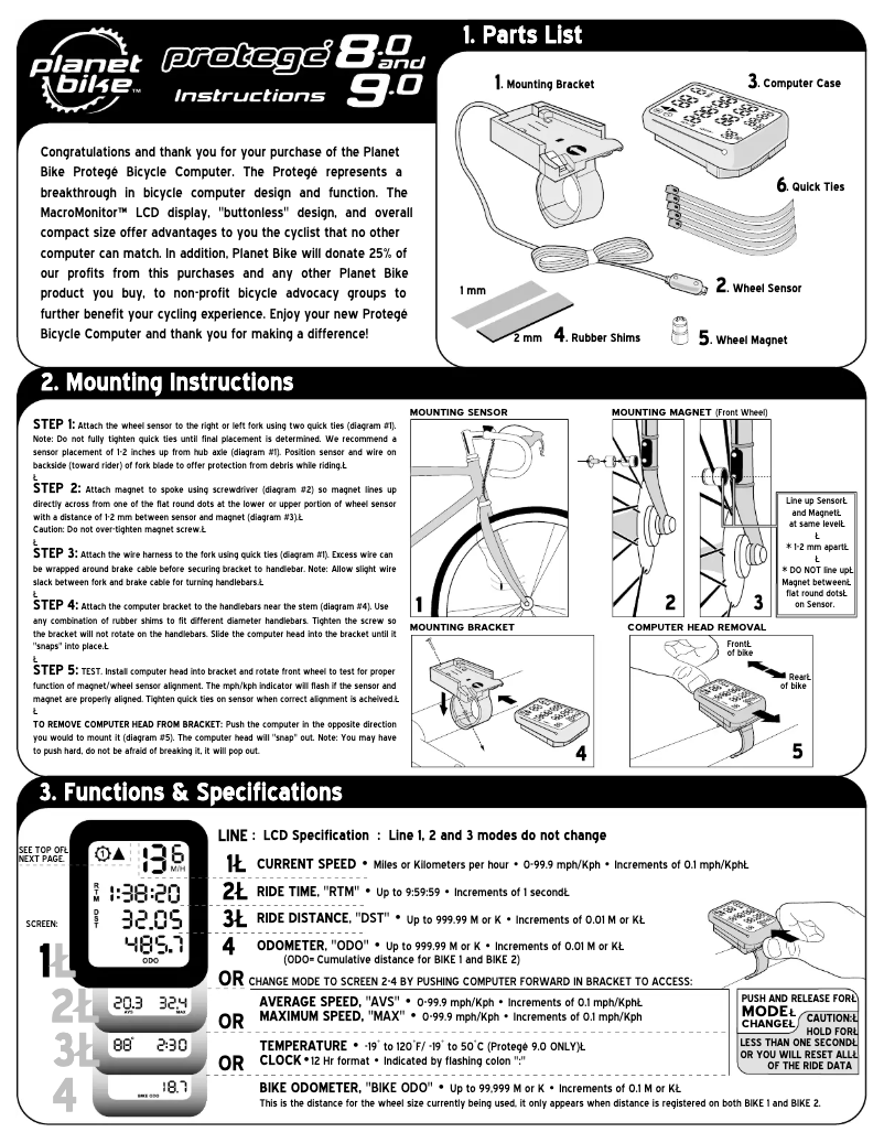 Page 1 de la notice Manuel utilisateur Planet Bike Protege 8.0