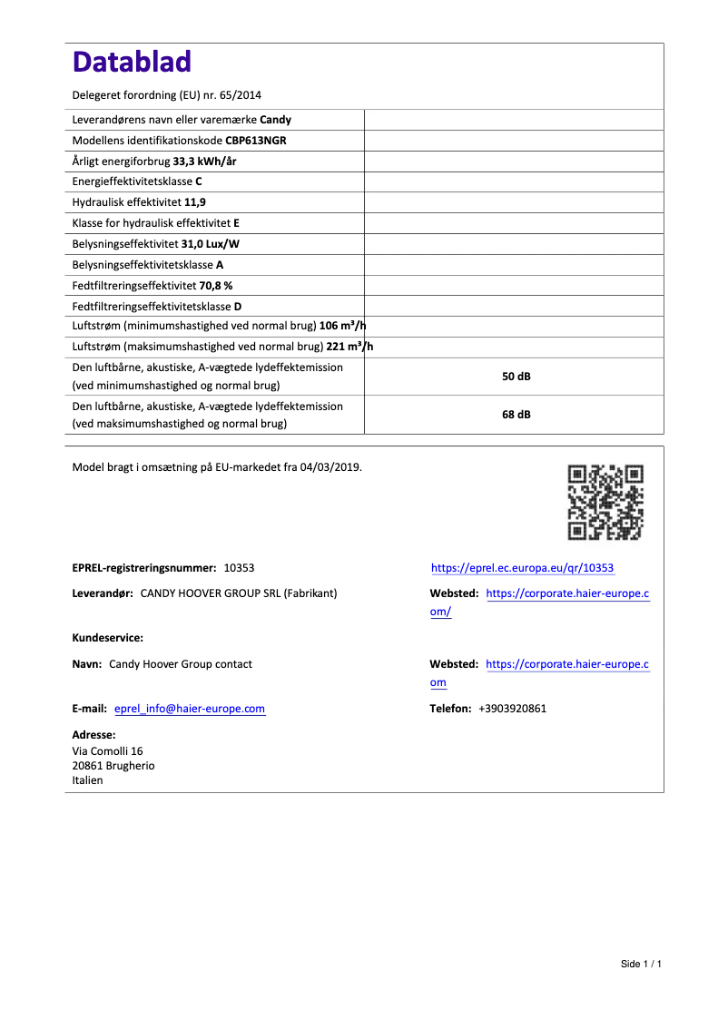 Page 1 de la notice Manuel utilisateur Candy CBP613NGR