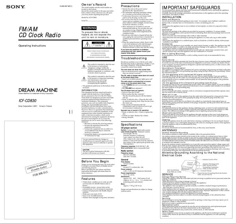 Image de la première page du manuel de l'appareil ICF-CD830