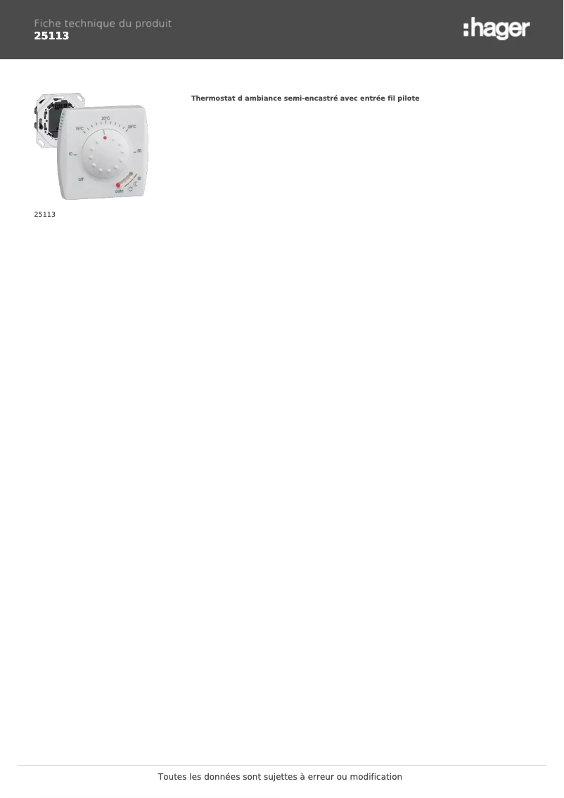 Page n°1 - Fiche technique Hager 25113