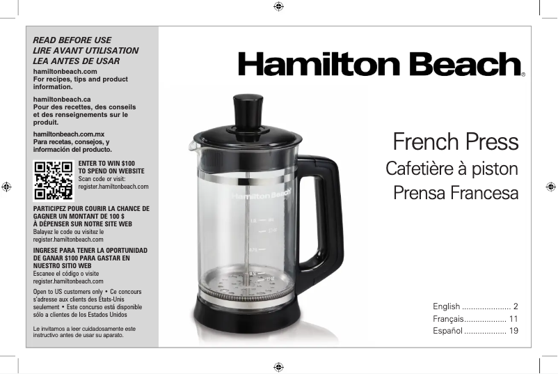 Page 1 de la notice Manuel d'utilisation et d'entretien Hamilton Beach French Press 40400R