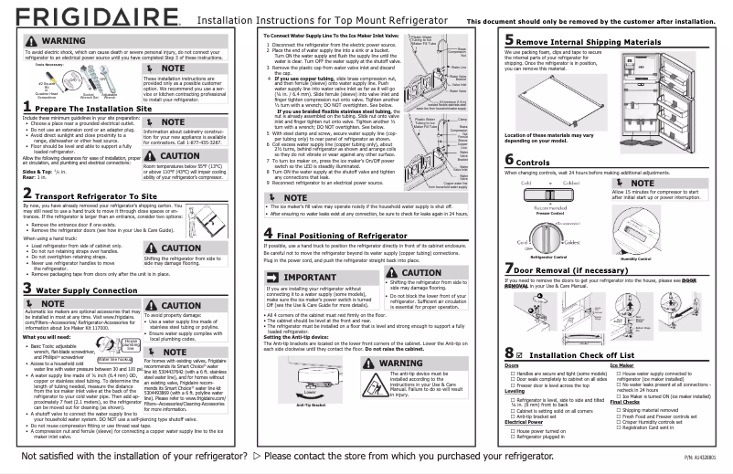 Page n°1 - Guide d'installation Frigidaire FFTR1835VW