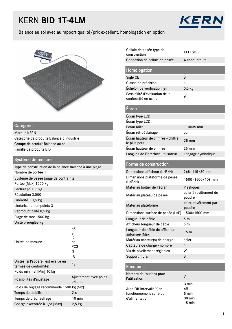 Page 1 de la notice Fiche technique Kern BID 1T-4LM