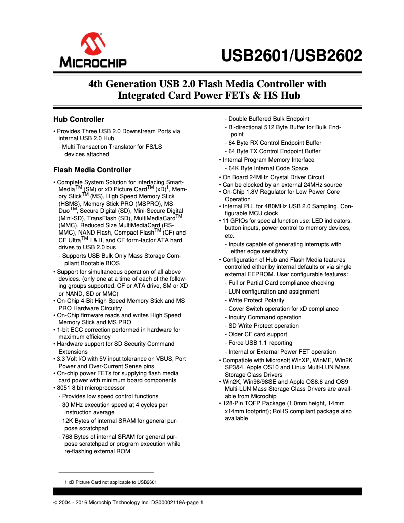 Página 1 del manual Ficha técnica Microchip USB2601