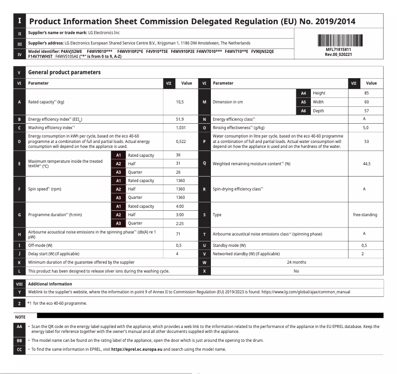 Page 1 de la notice Manuel utilisateur LG F4WV510SAE
