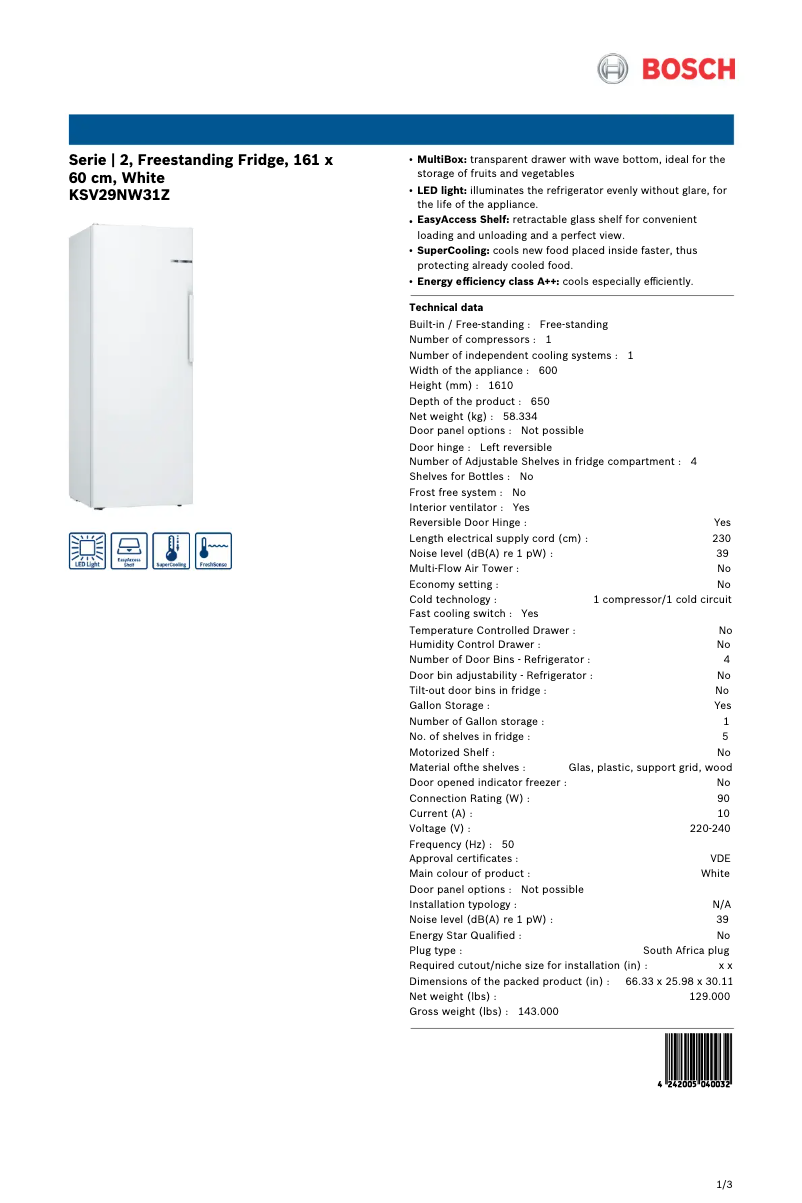 Page 1 of the manual Technical Sheet Bosch KSV29NW31Z
