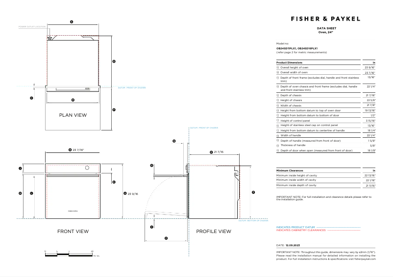 Page 1 de la notice Fiche technique Fisher & Paykel OB24SD16PLX1