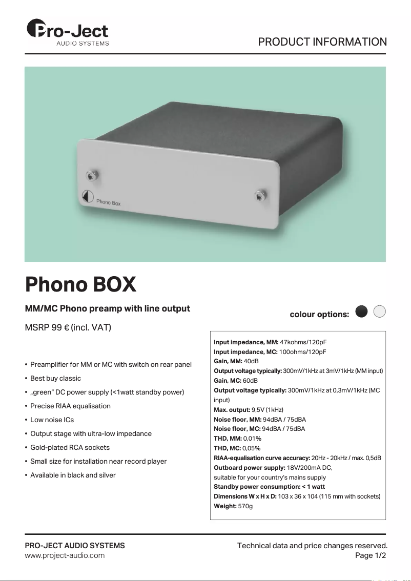 Page n°1 - Manuel utilisateur Pro-Ject Phono Box