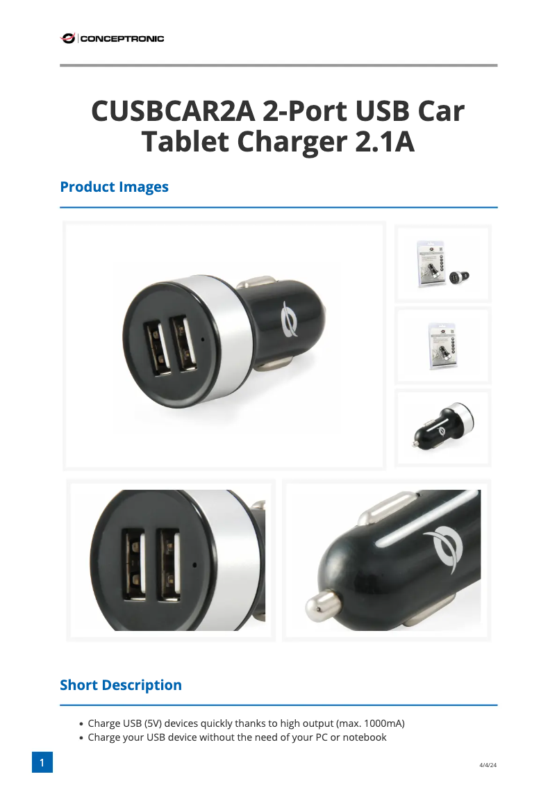 Page n°1 - Fiche technique Conceptronic CUSBCAR2A