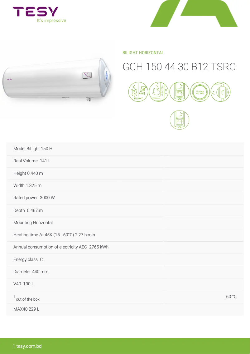 Página 1 del manual Ficha técnica Tesy BiLight 150 H