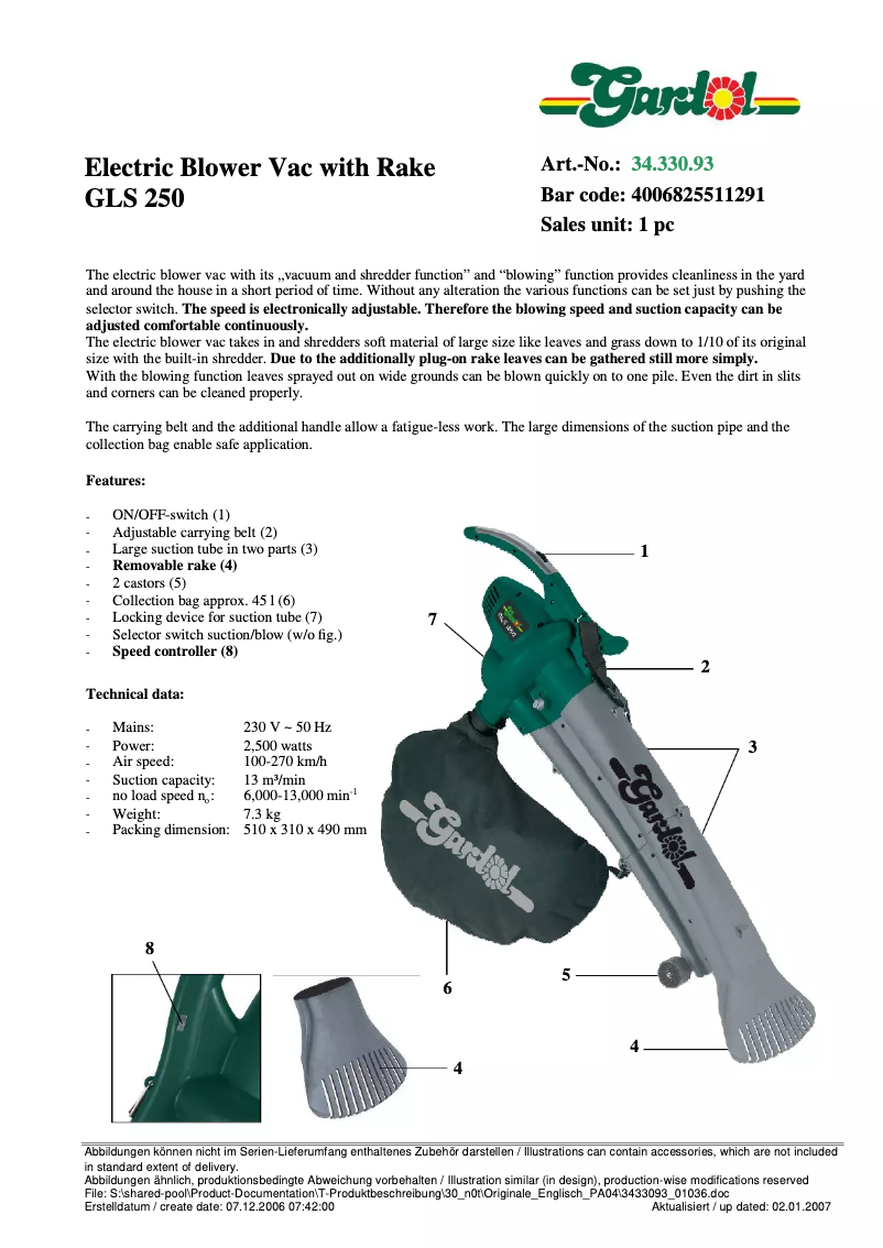 Page 1 de la notice Fiche technique Gardol GLS 250