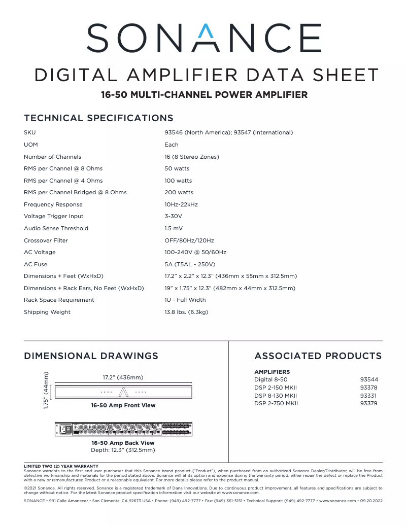 Page 1 de la notice Fiche technique Sonance 16-50