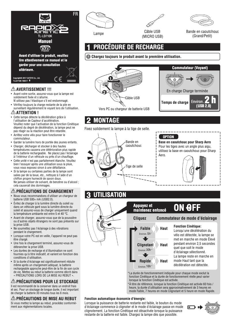 Page 1 de la notice Manuel utilisateur Cateye Rapid X2 Kinetic TL-LD710K