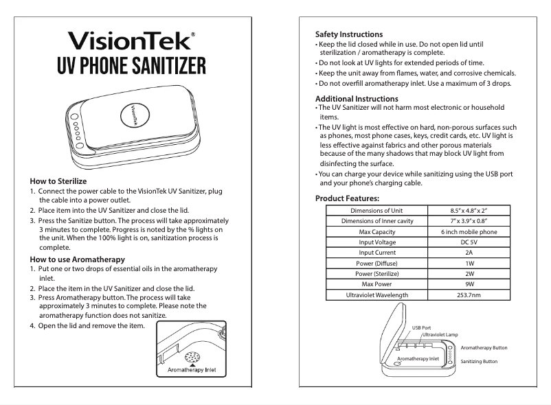Page 1 de la notice Manuel utilisateur VisionTek UV Phone Sanitizer