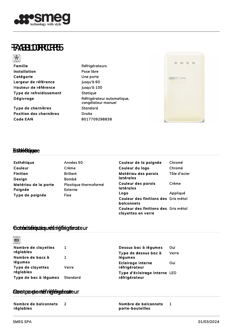 Página 1 del manual Ficha técnica Smeg FAB10RCR5