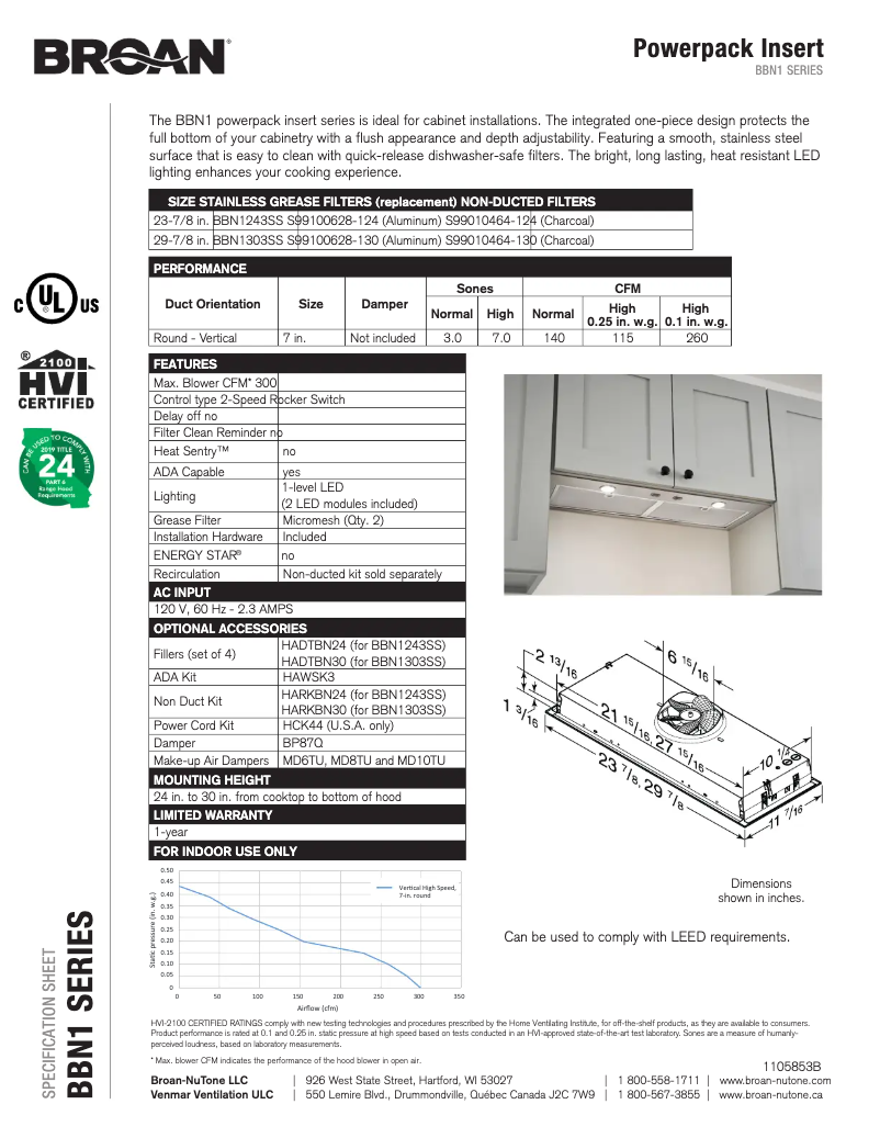 Page 1 de la notice Fiche technique Broan BBN1303SS