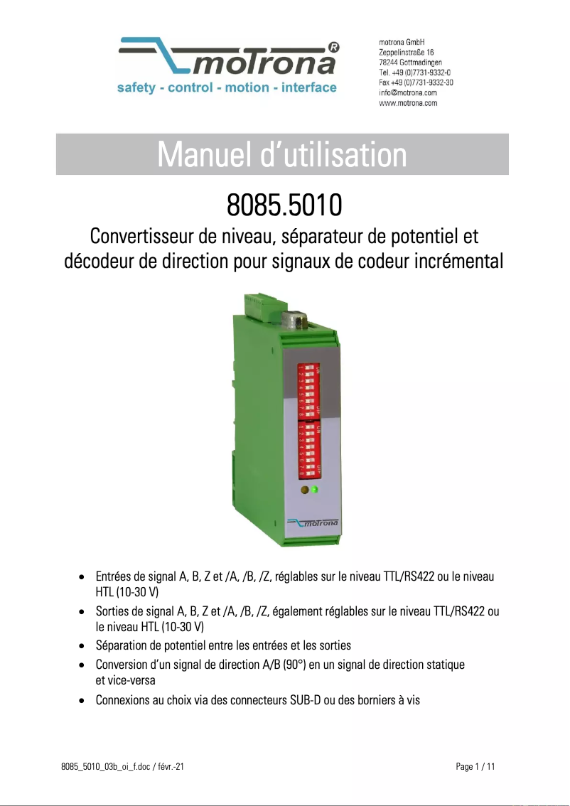 Page 1 de la notice Manuel utilisateur Motrona 8085.5010